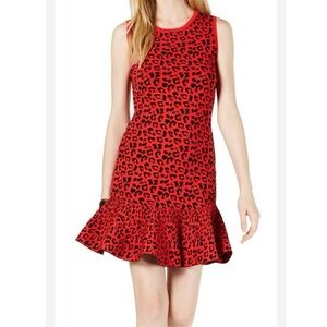 GUESS Alberta Animal Print Flounce Red Knit Sleeveless Dress Sz S